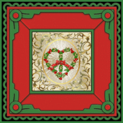 heart shaped peace sign set on gold swirls background, red, green accents
