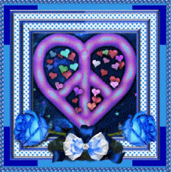 peace love symbol over tiny throbbing hearts, blue rose frame