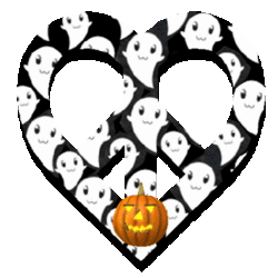 peace love symbol with ghost print, jack-o-lantern center with ghost popping out