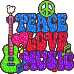 peace love music with guitar, heart, peace sign, sparkled with glitter