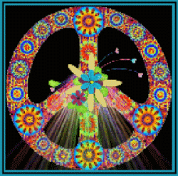 colorful peace sign accented with bouquet, rays of light