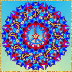 peace sign design with gold center star, spinning notes