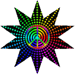 rainbow of dots flowing outward from peace sign center star