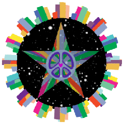 colorful five pointed star with peace sign center with galaxy rushing past it