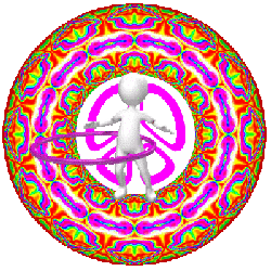 playful figure twirling hoop in center of peace sign