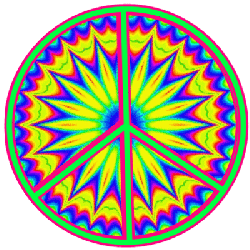 psychedelic animation center, peace sign overlay