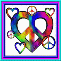colorful heart shaped peace sign surrounded by peace signs