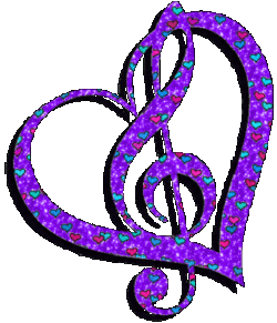 Treble inside heart, purple glitter with pink, turquoise hearts