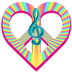 treble clef centered peace heart, psychedelic rainbow pattern