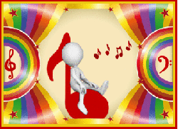 figure sitting on a music note singing, on a rainbow stage 