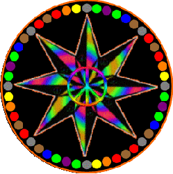 bright rainbow peace sign star with color dots surrounding