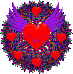 red peace hearts circle, center peace heart has flying wings
