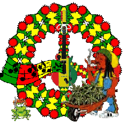 rasta man smoking with frog, peace sign, staff background