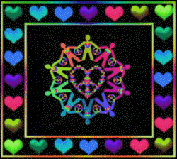 animated peace and love symbol surrounded by figures holding hands, framed in colorful hearts