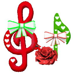 red treble clef with roce music note, hearts, bows