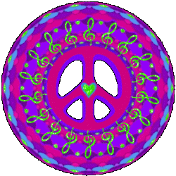 scalloped peace sign with circle of treble clefs, heart center