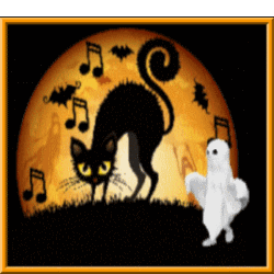big orange moon, black cat arching, bats flying, ghost walking