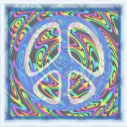 light blue peace sign over swirls of color