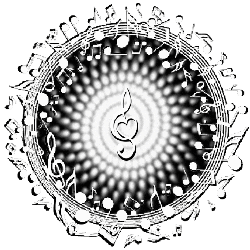 music notes surround burst of light with heart treble clef center