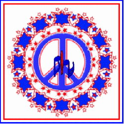 red, white, blue designed peace sign, spinning notes in center