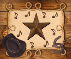 spinning wood star, wood notes, in rope frame, cowboy hat, horse shoes