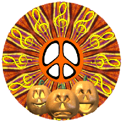 spinning orange pattern peace sign, treble clefs, jack-o-lanterns