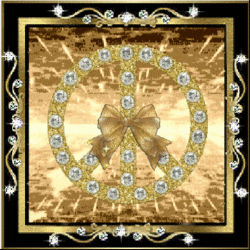 diamond peace sign with bright gold light, gold bow
