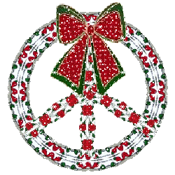 stained glass falling snow peace sign