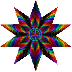 rows of color moving outward with peace sign center on nine pointed star