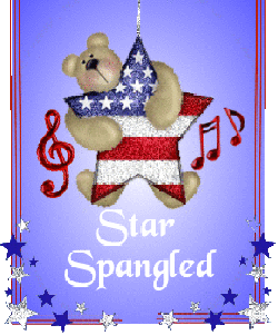 teddy bear hanging on patriotic star, notes, stars