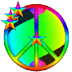 rainbow peace sign accented with rainbow stars trap a winding rainbow