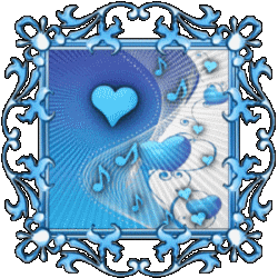 blue moving hearts, music notes, swirls framed