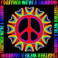 together we are a rainbow, rainbow text surrounding peace sign