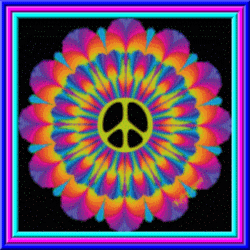 bright, flowing colors flower with peace symbol center