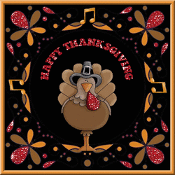 turkey with pilgrim hat, glitter accents, Happy Thanksgiving