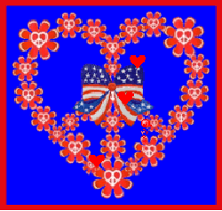 red, white, blue, peace heart design with patriotic bow