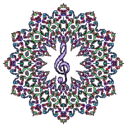 blended, inter-woven colors shape star, treble clef center