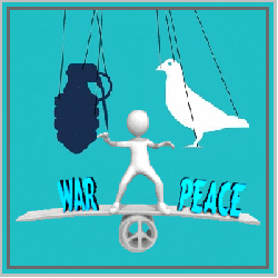 figure balancing war or peace, dove, granade
