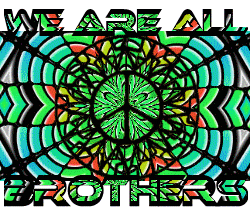 stained glass design, peace sign, text
