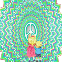 children pointing at center peace sign on zig-zag cororful wall