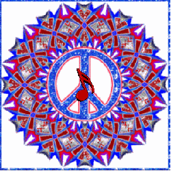 red, white, blue peace sign wreath, red center spinnng note