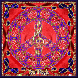 red kaleidoscope burst, peace sign with gold treble clef center