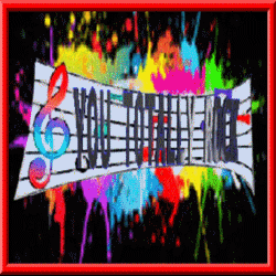 colorful paint spatters, billboard with treble clef, you totally rock spinning